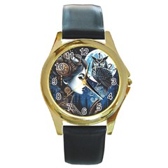 Steampunk Woman With Owl 2 Steampunk Woman With Owl Woman With Owl Strap Round Gold Metal Watch by CKArtCreations