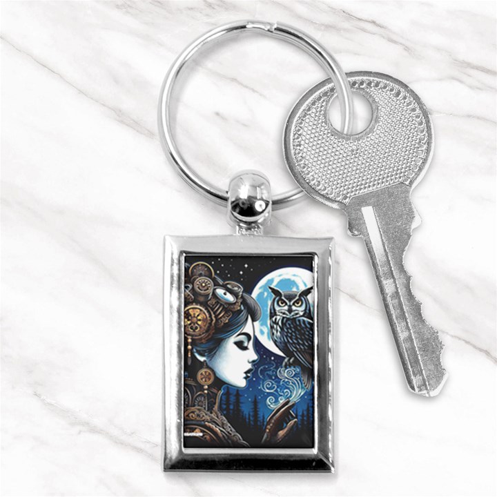 Steampunk Woman With Owl 2 Steampunk Woman With Owl Woman With Owl Strap Key Chain (Rectangle)