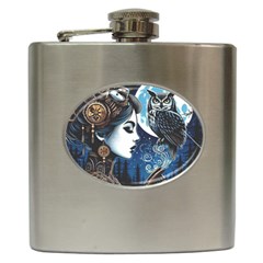 Steampunk Woman With Owl 2 Steampunk Woman With Owl Woman With Owl Strap Hip Flask (6 Oz) by CKArtCreations