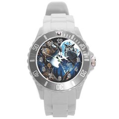 Steampunk Woman With Owl 2 Steampunk Woman With Owl Woman With Owl Strap Round Plastic Sport Watch (l) by CKArtCreations