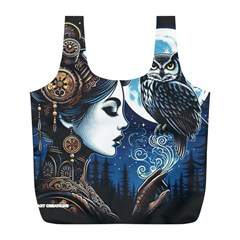 Steampunk Woman With Owl 2 Steampunk Woman With Owl Woman With Owl Strap Full Print Recycle Bag (l) by CKArtCreations