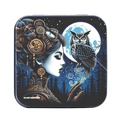 Steampunk Woman With Owl 2 Steampunk Woman With Owl Woman With Owl Strap Square Metal Box (black)