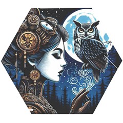 Steampunk Woman With Owl 2 Steampunk Woman With Owl Woman With Owl Strap Wooden Puzzle Hexagon by CKArtCreations