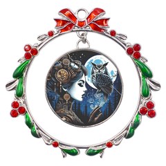 Steampunk Woman With Owl 2 Steampunk Woman With Owl Woman With Owl Strap Metal X mas Wreath Ribbon Ornament by CKArtCreations