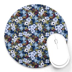 Blue Flowers Dark Blue Flowers Round Mousepad by DinkovaArt