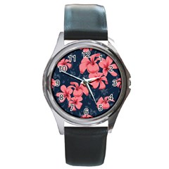 5902244 Pink Blue Illustrated Pattern Flowers Square Pillow Round Metal Watch