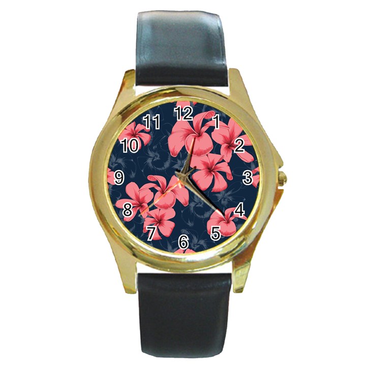 5902244 Pink Blue Illustrated Pattern Flowers Square Pillow Round Gold Metal Watch