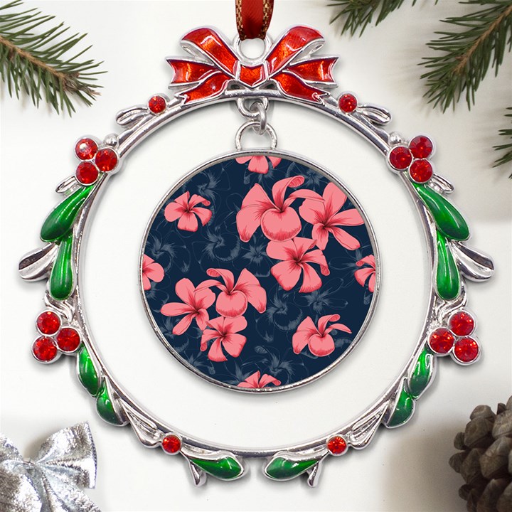 5902244 Pink Blue Illustrated Pattern Flowers Square Pillow Metal X mas Wreath Ribbon Ornament