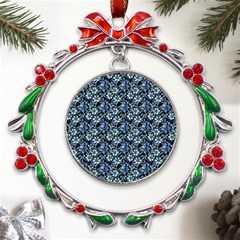 Blue Flowers 001 Metal X mas Wreath Ribbon Ornament by DinkovaArt