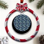 Blue Flowers 001 Metal Red Ribbon Round Ornament Front