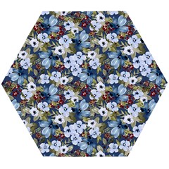 Blue Flowers 2 Wooden Puzzle Hexagon by DinkovaArt