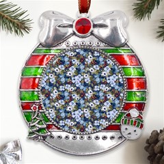 Blue Flowers Blue Flowers 2 Metal X mas Ribbon With Red Crystal Round Ornament by DinkovaArt