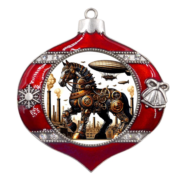 Steampunk Horse Punch 1 Metal Snowflake And Bell Red Ornament