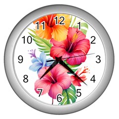 Hibiscus Flowers On Wall Clock (silver) by FirstNationsInstituteAustralia