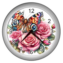 Flowers And Butterfly On Wall Clock (silver) by FirstNationsInstituteAustralia