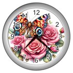 Flowers and butterfly on Wall Clock (Silver) Front