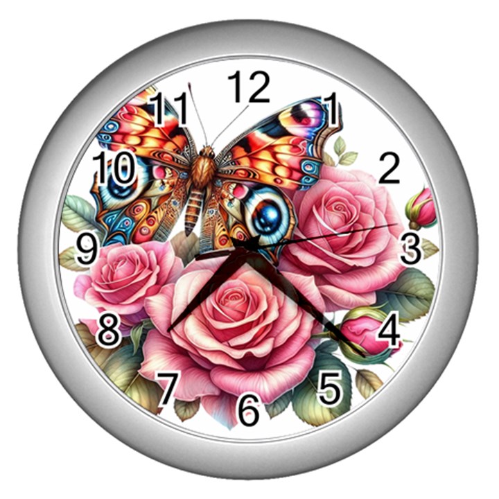 Flowers and butterfly on Wall Clock (Silver)