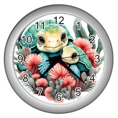 Mum And Baby Turtle On Wall Clock (silver) by FirstNationsInstituteAustralia