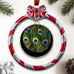 Peacock Pattern Metal Red Ribbon Round Ornament