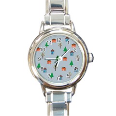 House Trees Pattern Background Round Italian Charm Watch