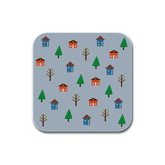 House Trees Pattern Background Rubber Square Coaster (4 Pack)