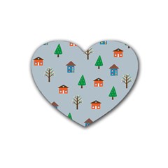 House Trees Pattern Background Rubber Heart Coaster (4 Pack)