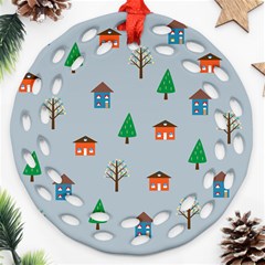 House Trees Pattern Background Round Filigree Ornament (two Sides)