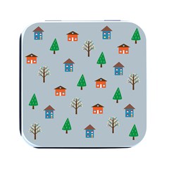 House Trees Pattern Background Square Metal Box (black)