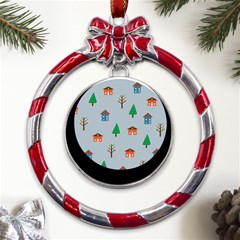 House Trees Pattern Background Metal Red Ribbon Round Ornament