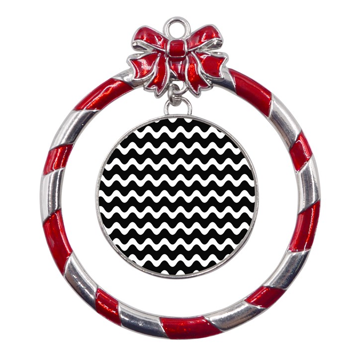 Wave Pattern Wavy Halftone Metal Red Ribbon Round Ornament