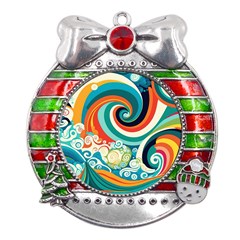 Waves Ocean Sea Abstract Whimsical Metal X Mas Ribbon With Red Crystal Round Ornament