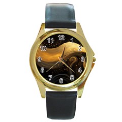 Abstract Gold Wave Background Round Gold Metal Watch