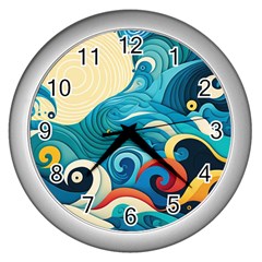 Waves Wave Ocean Sea Abstract Whimsical Wall Clock (silver)