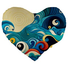 Waves Wave Ocean Sea Abstract Whimsical Large 19  Premium Heart Shape Cushions by Maspions