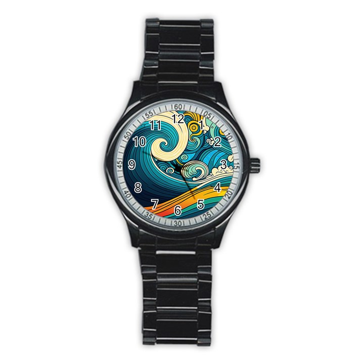 Waves Ocean Sea Abstract Whimsical Art Stainless Steel Round Watch