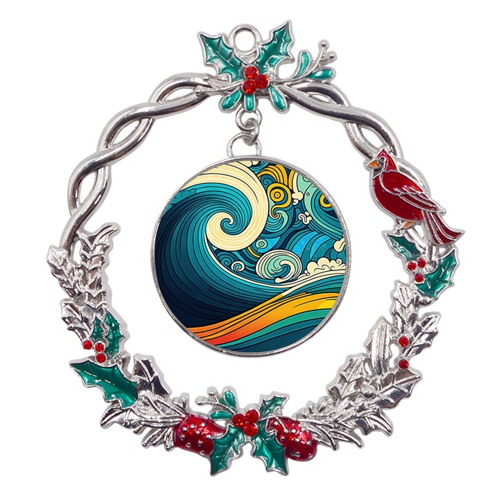 Waves Ocean Sea Abstract Whimsical Art Metal X mas Wreath Holly leaf Ornament