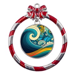 Waves Ocean Sea Abstract Whimsical Art Metal Red Ribbon Round Ornament by Maspions