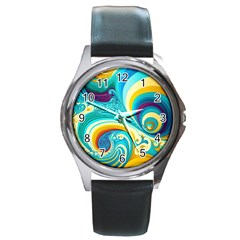 Abstract Waves Ocean Sea Whimsical Round Metal Watch