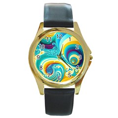 Abstract Waves Ocean Sea Whimsical Round Gold Metal Watch