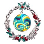 Abstract Waves Ocean Sea Whimsical Metal X mas Wreath Holly leaf Ornament Front