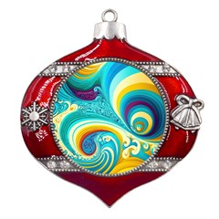 Abstract Waves Ocean Sea Whimsical Metal Snowflake And Bell Red Ornament by Maspions