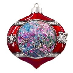 Pink Swirls Blend  Metal Snowflake And Bell Red Ornament by kaleidomarblingart