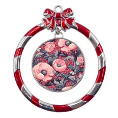 Vintage Floral Poppies Metal Red Ribbon Round Ornament by Grandong