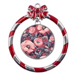 Vintage Floral Poppies Metal Red Ribbon Round Ornament Front