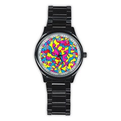 Colorful-graffiti-pattern-blue-background Stainless Steel Round Watch by designsbymallika