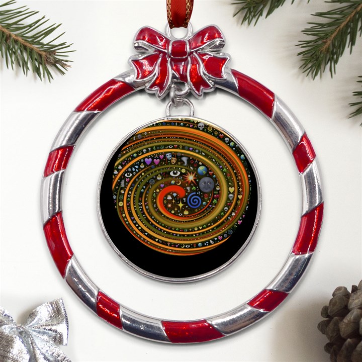 Swirl Vortex Emoji Cyclone Motion Art Metal Red Ribbon Round Ornament