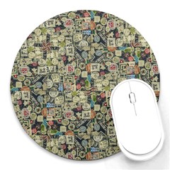 Sticker Collage Motif Pattern Black Backgrond Round Mousepad by dflcprintsclothing