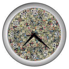 Sticker Collage Motif Pattern Black Backgrond Wall Clock (silver)