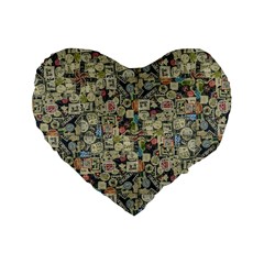 Sticker Collage Motif Pattern Black Backgrond Standard 16  Premium Flano Heart Shape Cushions by dflcprintsclothing