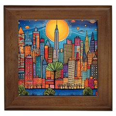 City New York Nyc Skyscraper Skyline Downtown Night Business Urban Travel Landmark Building Architec Framed Tile by Posterlux